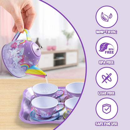 Unicorn Tea Party Set for Girls – Purple Tin Teapot Cups & Plates Pretend Play Princess Kitchen Toy with Storage Case – Magical Unicorn Rainbow Castle Gift for Ages 3+ Birthday Easter Christmas