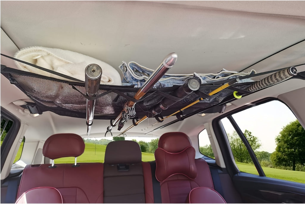 Durable Car Ceiling Mesh Organizer - Easy Install, Space-Saving, Adjustable Straps for SUV, Truck, Van - Fishing Rods Fabric Vehicle Roof Storage Net for Fishing Rods, Ski Poles And Long Gear, Easy Installation.