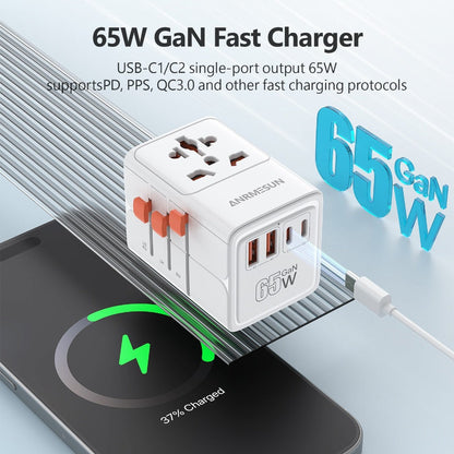 65W Universal Travel Adapter with 4 USB Ports - 2 USB-C & 2 USB-A Fast Charging, US EU UK AU Plugs, 100-240V Input, Overload & Short Circuit Protection, 200+ Countries, White & Black
