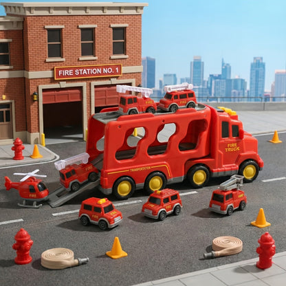 7-in-1 Kids Car Toy Set 7pcs with Playmat – Large Vehicle + 6 Mini Cars Ambulance Police Fire Truck Engineering – Birthday Halloween Christmas Gift for Boys Girls