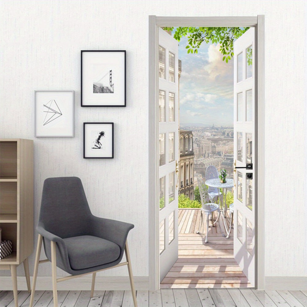Door Sticker Balcony Scenery Wall Mural – Removable Waterproof Peel & Stick Large Wall Art for Bedroom & Living Room, Faux Window View Home Decor, 35.43 x 78.74 Inches