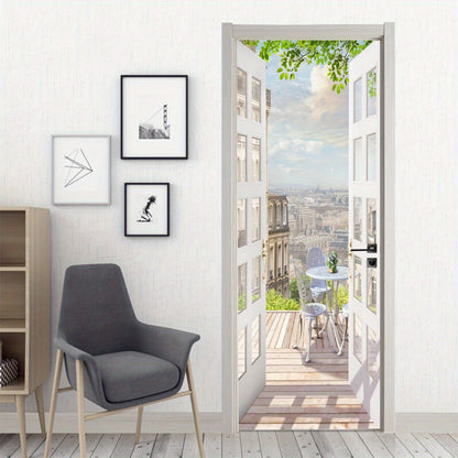 Door Sticker Balcony Scenery Wall Mural – Removable Waterproof Peel & Stick Large Wall Art for Bedroom & Living Room, Faux Window View Home Decor, 35.43 x 78.74 Inches