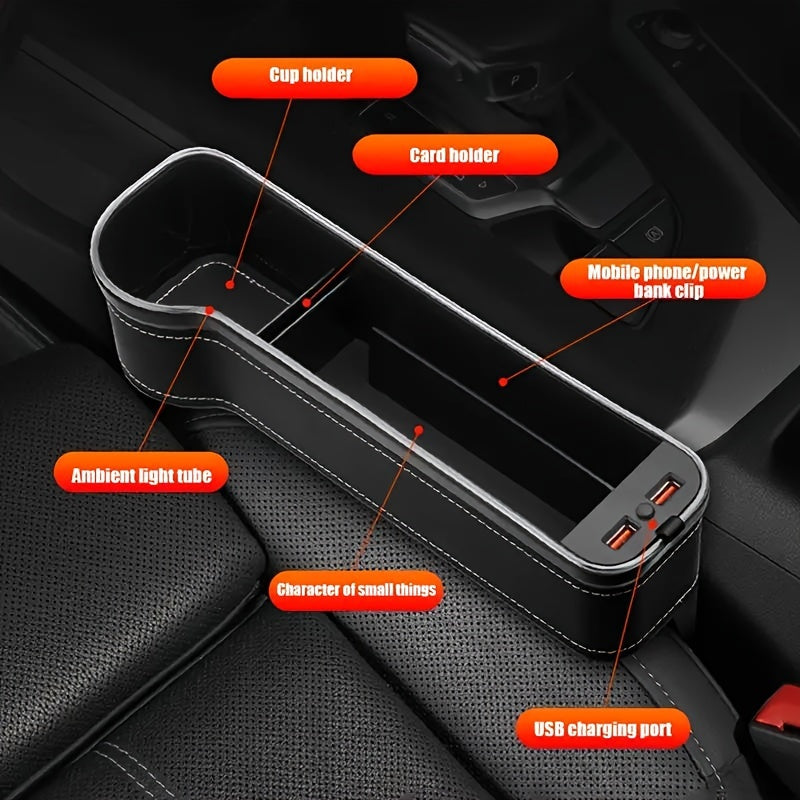 Car Seat Gap Storage Box, Phone Holder Charger, Clutter Organizer, Car Seat Gap Organizer with LED Ambient Lighting, Faux Leather Multi-Function Console Side Bag with Dual USB Charging Ports, for Vehicle Interior Additions