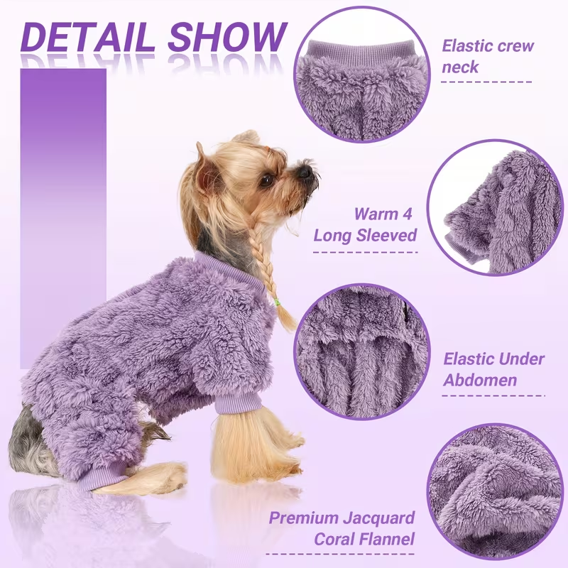 Dog Fleece Jumpsuit 4-Leg Onesie Sweater for Small Dogs & Cats 1-15lbs, Warm Pullover Pet Clothes Fall Winter Pajamas for Chihuahua Yorkie Puppies, Sizes XXS XS S M, Rose Pink Blue Purple