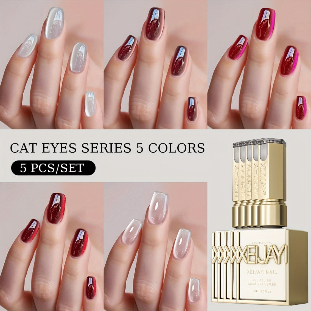 Magnetic Cat Eye Gel Nail Polish 5 Color Set Ruby Red Raspberry Blackberry White Moonlight Plain Water UV LED Soak Off Shimmer 3D Glass Bead Effect Nail Art Kit for Women Home Salon