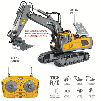 RC Construction Truck Toy 1:24 Scale Alloy Bulldozer Dump Truck & Excavator – 11-Channel Remote Control with Forward, Backward, Turning & Sound, Indoor Outdoor RC Toy Gift for Boys Girls
