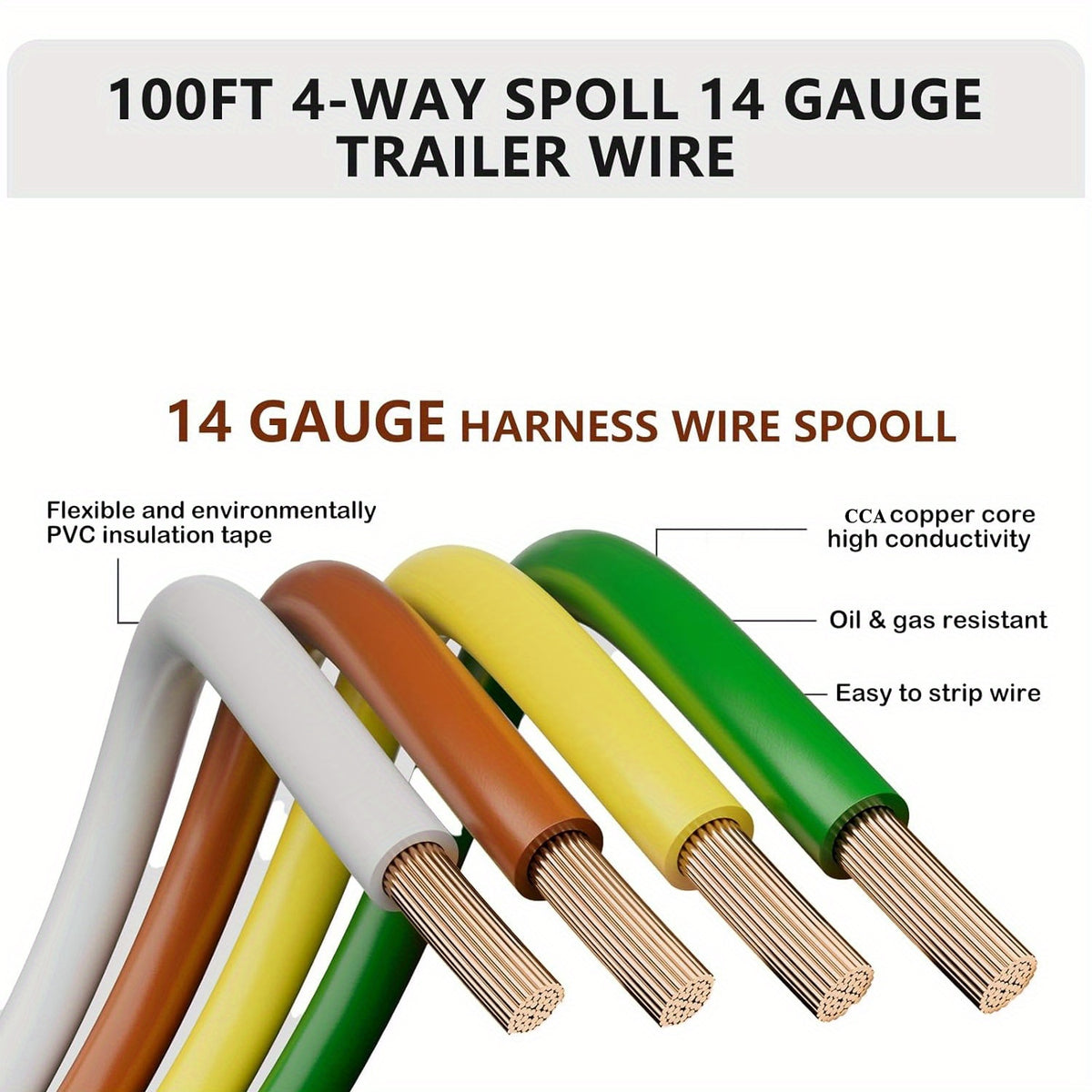 100ft Bonded 4-Way Trailer Wire, RV Camper Towing Boat Trailer Wiring Harness Wire Spool, Primary 4-Wire 14 Gauge CCA Wire, Ideal for All Basic Needs(Green, Yellow, Brown, White)