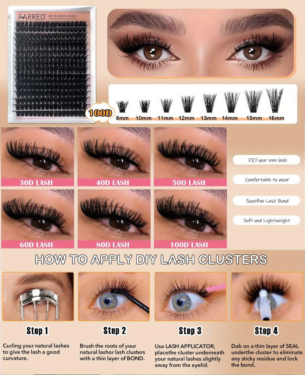 272Pcs D Curl Lash Clusters — 100D Thick Individual Eyelash Extensions 8-16mm, Soft Reusable DIY Cluster Lashes with Plant-Based Squalane, Voluminous Full-Body Lash Extension Kit for Beginners & Home Use