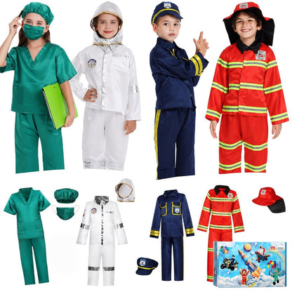 Kids Dress Up Costumes Set 4-in-1 – Firefighter, Police, Astronaut & Doctor Role Play Clothes for Boys Girls Ages 3-6, Birthday Christmas Halloween Career Day Gift