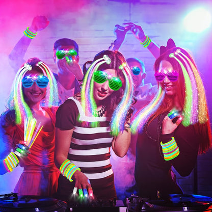 Glow in the Dark Party Supplies 120 Piece Set – Neon Glow Rings LED Glasses Glow Sticks & Fiber Optic Hair Clips for Blacklight Birthday Party, Wedding, Concert, Rave & New Year's Eve