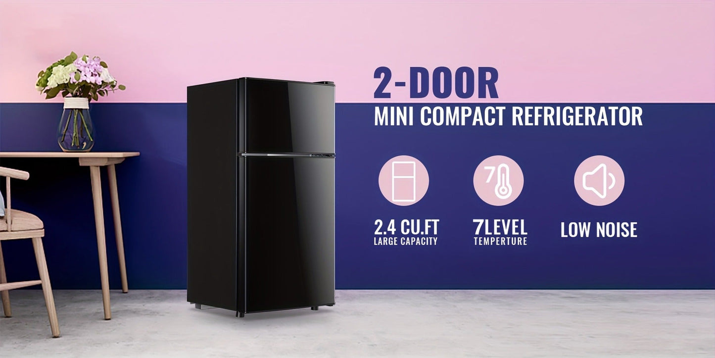 Mini Refrigerator with Freezer, 2.4 Cu Ft Double Door Small Fridge with Removable Shelves & Adjustable Feet – Compact Personal Fridge for Bedroom, Dorm, Apartment, Home Office and Kitchen