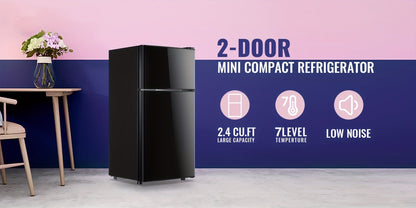 Mini Refrigerator with Freezer, 2.4 Cu Ft Double Door Small Fridge with Removable Shelves & Adjustable Feet – Compact Personal Fridge for Bedroom, Dorm, Apartment, Home Office and Kitchen