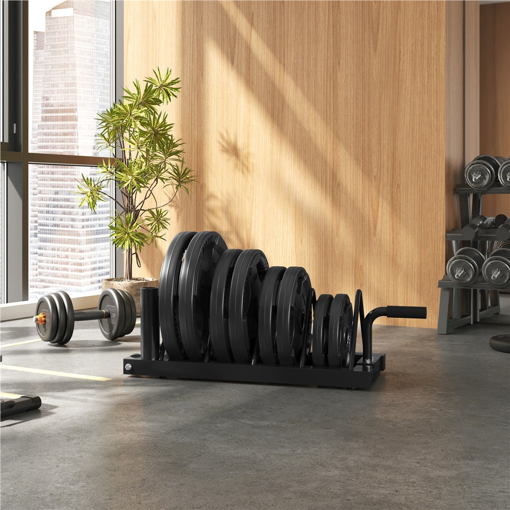 Barbell & Weight Plate Storage Rack with Wheels & Handle – 300 lb Capacity, 2 Barbell Holders, 4 Plate Slots, Powder Coated Steel for Home Gym & Garage Organization