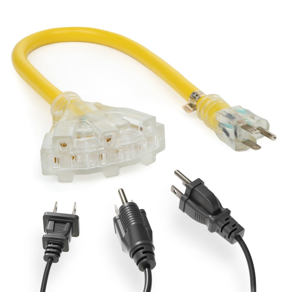 Heavy Duty Extension Cord Splitter Tri-Tap 2-Pack – 15A SJTW Contractor Grade, LED Lighted Plug, 2ft Yellow Jacket for Outdoor & Job Site Use