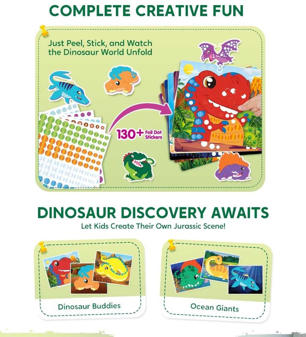 Dinosaur Dot Sticker Art Kit for Kids – 12 Picture Canvases & 1400+ Dot Stickers No Mess Creative Activity, Travel Toy Arts Crafts Birthday Gift Boys Girls Ages 3-8