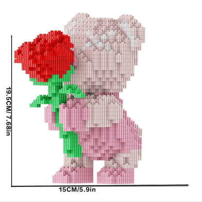 Rose Bear Building Blocks Set 4051 Pieces – Romantic Bear Holding Rose Brick Model Kit High-Difficulty Display Build, Unique Valentine's Day Anniversary Birthday Gift for Girlfriend Wife