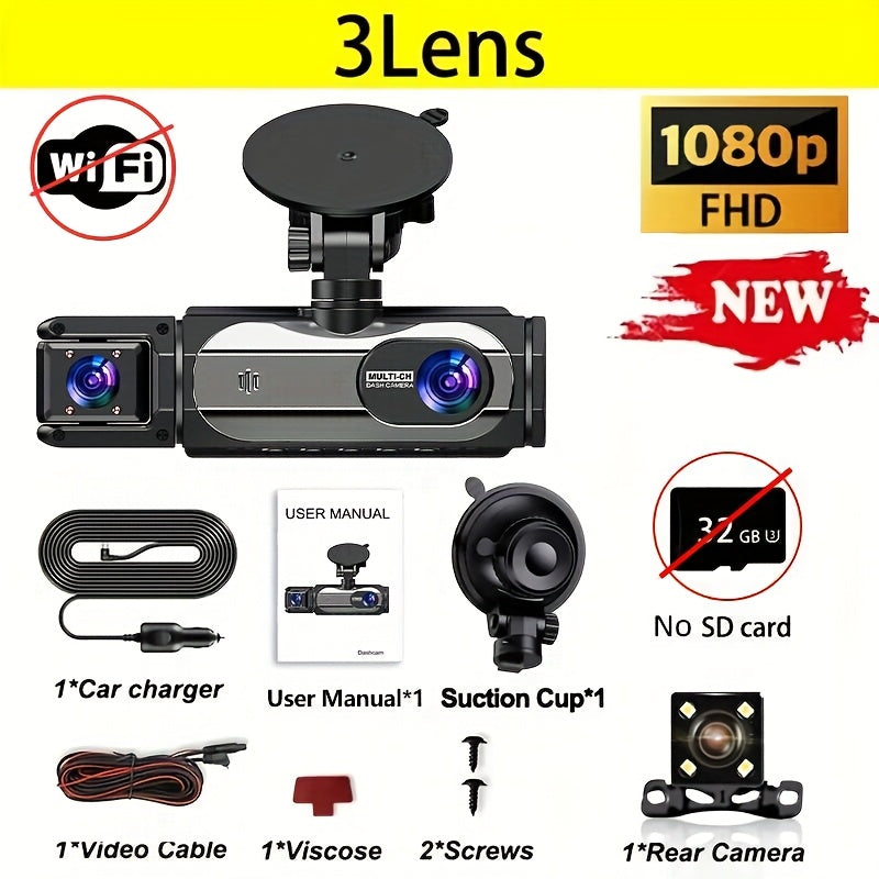 1080P Dash Cam with 3 Cameras Front Built-In Rear Infrared Night Vision 170° Wide-Angle Built-In Audio 32GB Card Connection to Smartphone Loop Recording G-Sensor 24 Parking Monitor