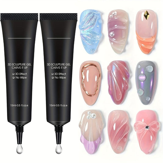 No Wipe Clear 3D Nail Sculpting Gel 2pcs 0.51oz DIY Carving Gel for Raised 3D Designs Flowers Swirls Painting Decoration UV LED Builder Gel Salon Home Nail Extension