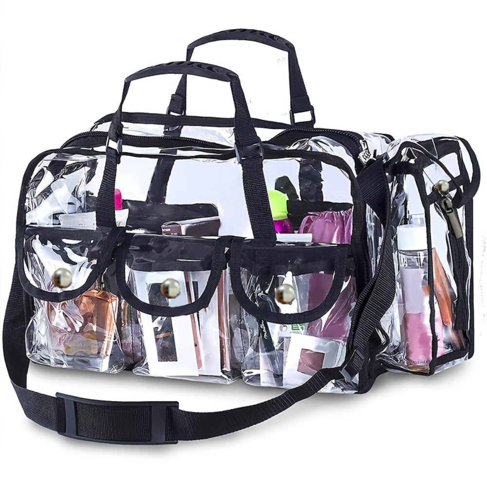 Stadium Approved Clear PVC Tote Bag Extra Large Transparent Shoulder Bag 3 External Pockets Adjustable Straps Waterproof for Men Women Travel Sports Concert Festival