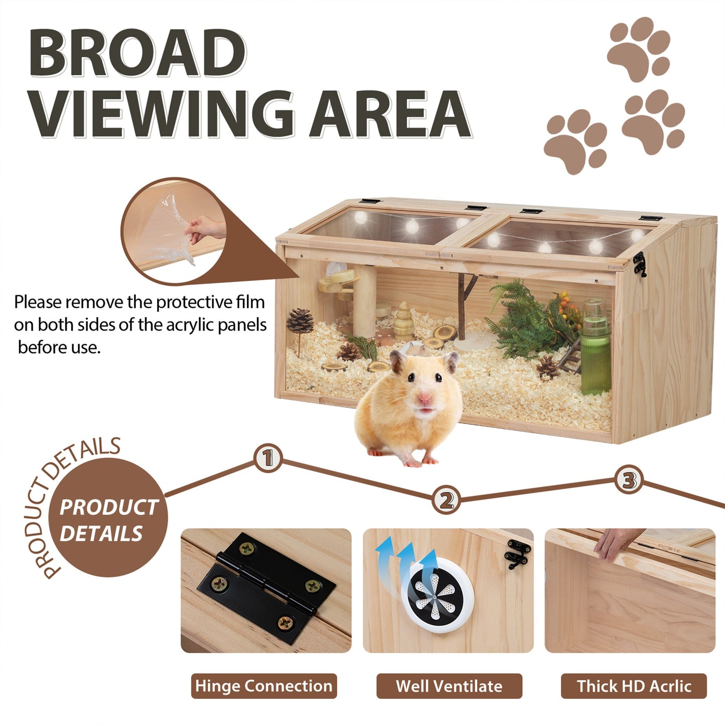 Large Hamster Cage Wooden Enclosure – 32"L x 16"W x 16"H with Acrylic Window & Openable Top | Small Animal Habitat for Guinea Pig, Chinchilla & Gerbil | Clear Visibility, Ventilated, Easy Clean