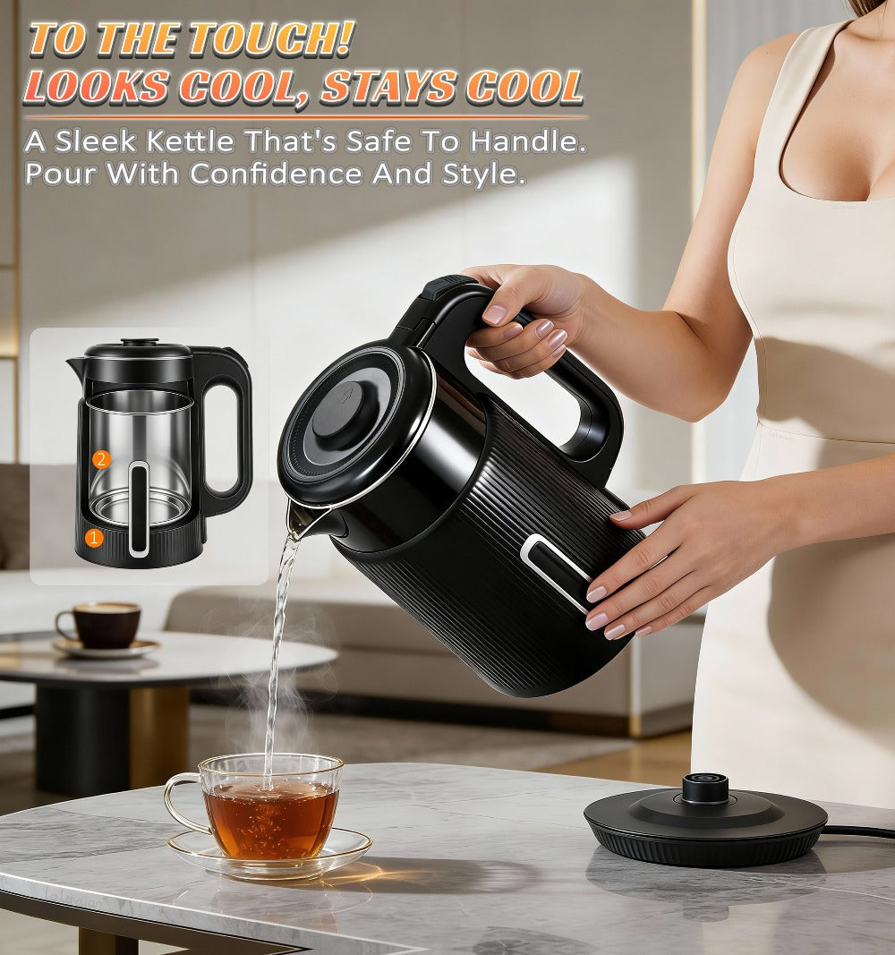 Electric Kettle 1000W Double Wall Stainless Steel – 57.48oz 304 SS Hot Water Kettle with 360° Rotary Base, LED Light, Auto Shut-Off & Boil-Dry Protection, Instant Water Warmer for Coffee & Tea – Black