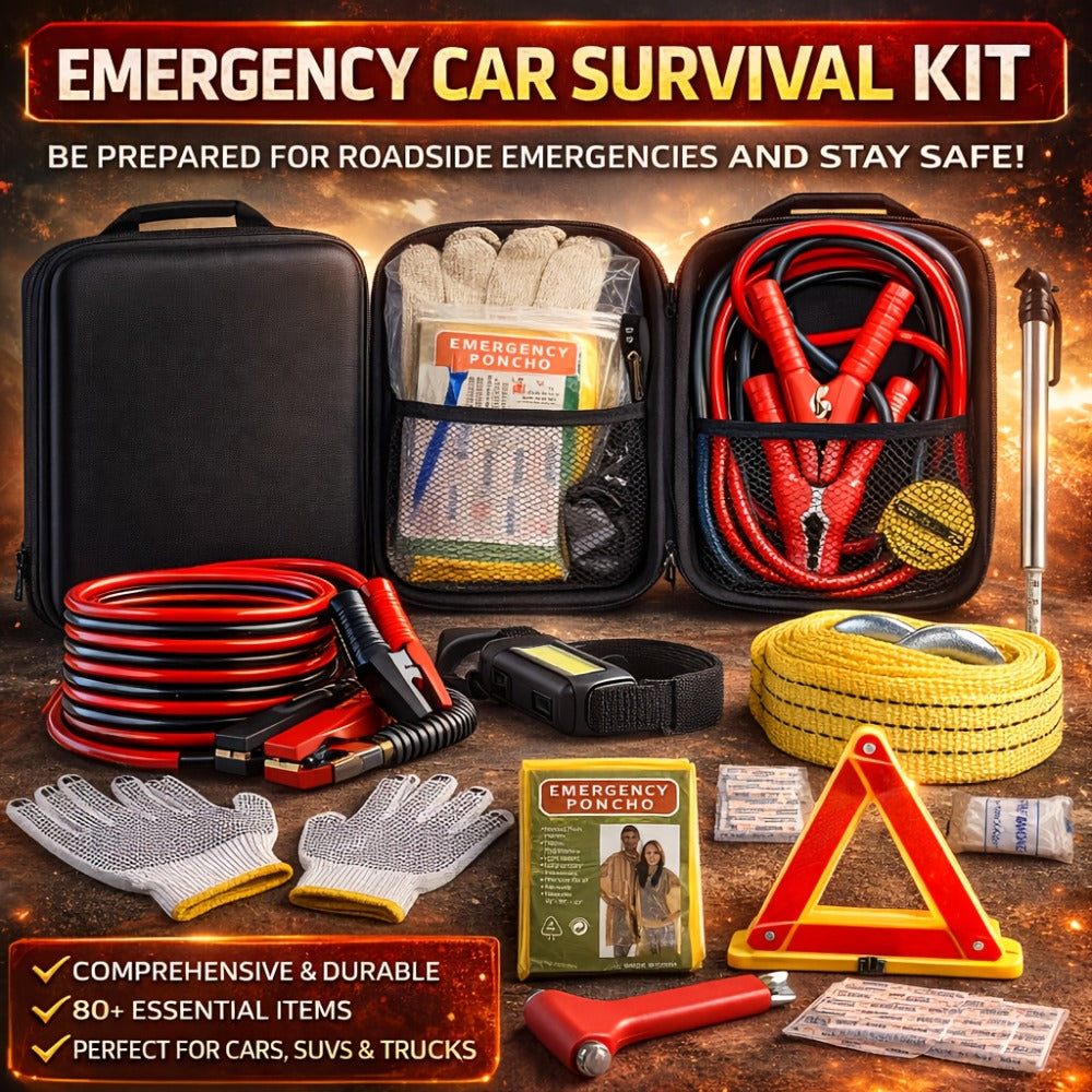 Car Emergency Roadside Kit with Jumper Cables - 12-Piece Automotive Safety Kit with Tow Rope, Safety Hammer, Tire Gauge, LED Headlight & First Aid for Car Truck SUV