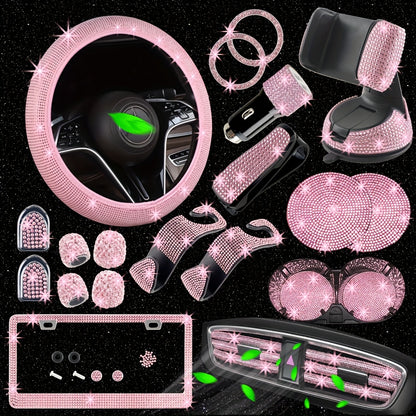 27pcs Bling Car Accessories Set, Bling Steering Wheel Covers Universal Fit 15 Inch, Bling License Plate Frame, Phone Holder, Car Coasters, Suitable for Fashionable Men And Women.