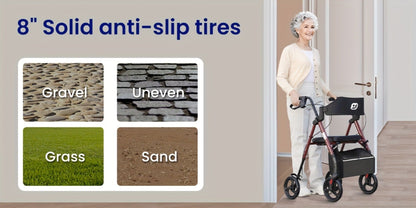 Rollator Walker for Seniors Foldable with 8-Inch Big Wheels, Durable Aluminum All-Terrain Rolling Walker with Ergonomic Backrest & Dual Adjustable Height, Upright Walker Option Available for Elderly