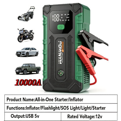 Portable Car Jump Starter 10000A – 9-in-1 Battery Booster with 350PSI Tire Inflator, LED Light, USB-C Fast Charging, Power Bank for 12V Gas & Diesel Vehicles, Emergency Car Tool