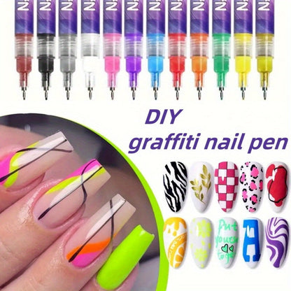 Metal Rod Nylon Brush Nail Art Pen Set 12 Colors - Acrylic Paint Pens for 3D Doodle Dot & Stitching Nail Design, Quick-Dry Long-Lasting Detail Tools for Home & Salon, Beginner Gift