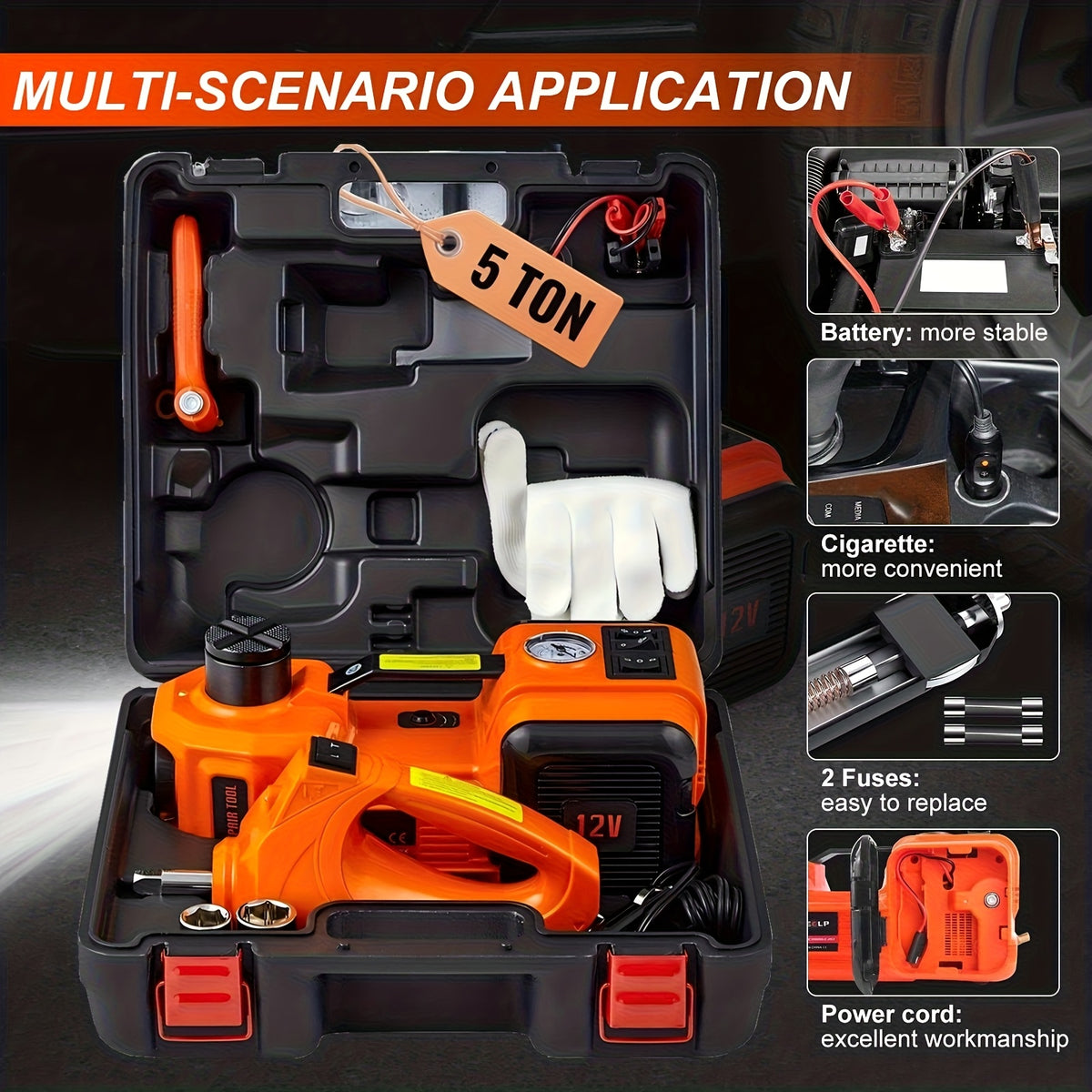 Car Jack Hydraulic Jack - 5 Tons Electric Car Jack Stand 3-in-1 Car Jack Kit for Car SUV Car Lift Floor Jack for Tire Change And Road Emergencies with Integrated Tire Pump (orange)