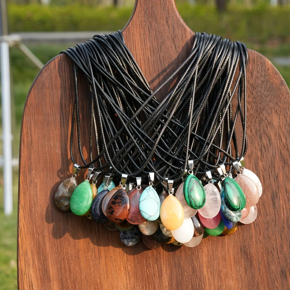 Crystal Pendant Necklace Set 40-Pack – Multicolor Water Droplet Artificial Crystal Pendants with Faux Leather Cord, Fashionable Chic Jewelry for Festival, Party & Everyday Wear, Gift Idea