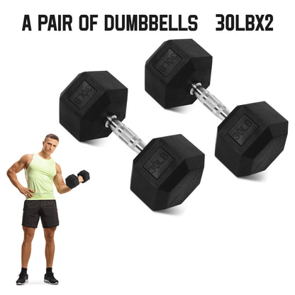 Rubber Hex Dumbbell Set – Solid Cast Iron, Hexagonal Anti-Roll Design, Chrome Ergonomic Handle, Non-Slip Grip – 25lb or 30lb Pair for Home & Gym Strength Training