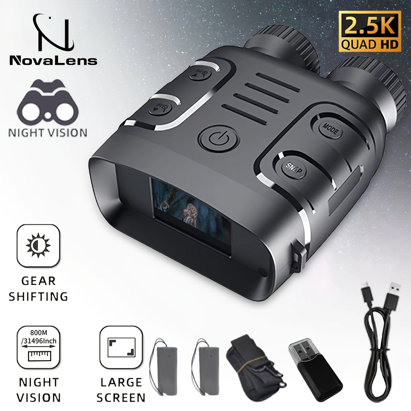 Digital Night Vision Binoculars 2.5K HD – 10X Zoom, 800M Range, 2.4" Screen with Photo & Video Recording | USB Rechargeable Night Vision Goggles for Hunting, Fishing, Camping & Boating