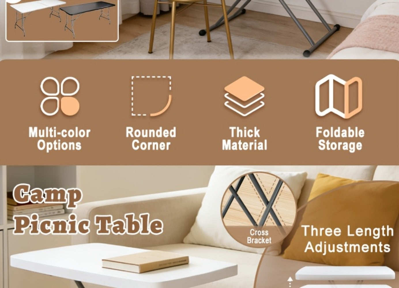 6-Foot Heavy-Duty Folding Table with Adjustable Height and Carry Handle for Dining Room detail image - detail view 16