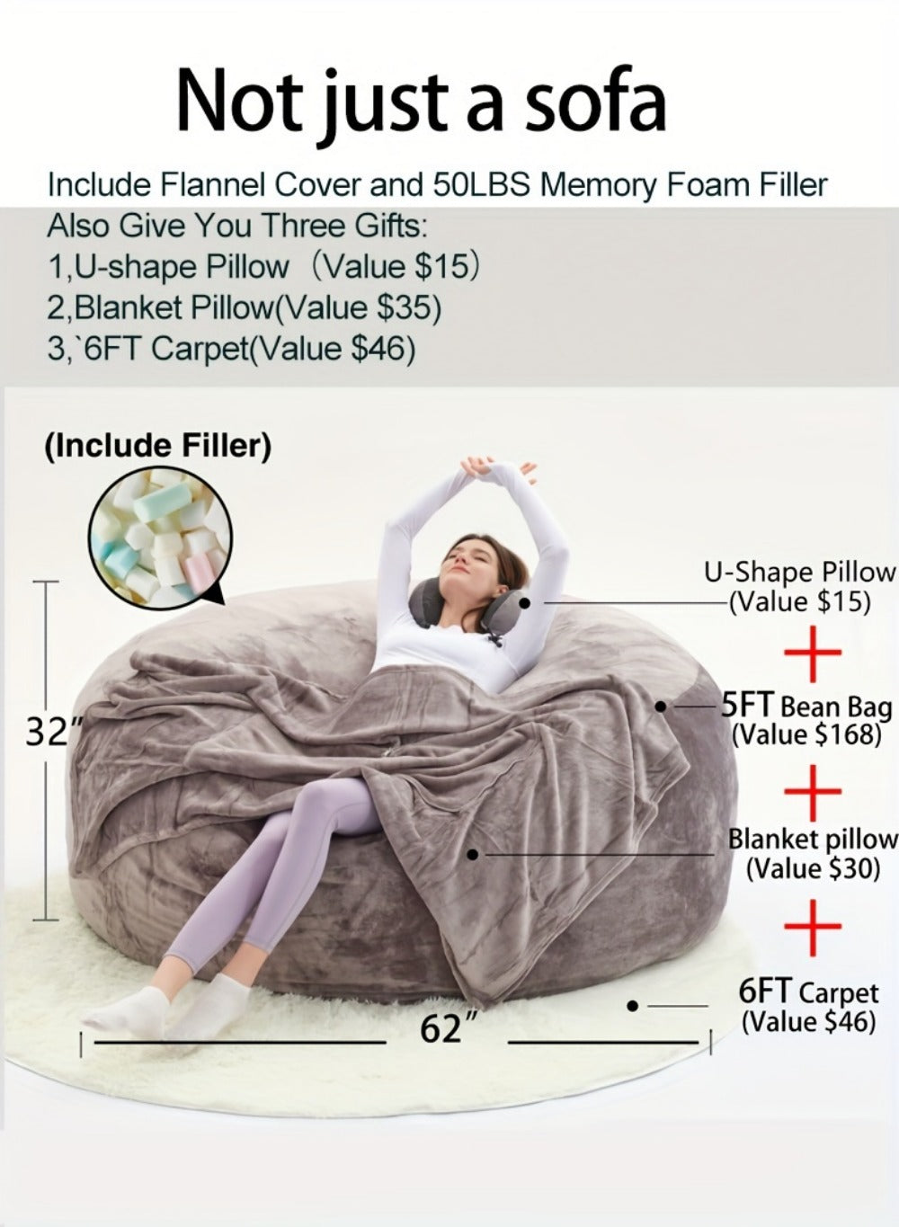 6-Foot Round Bean Bag Chair with Washable Cover, Floor Lounge Chair for Living Room detail image - detail view 10