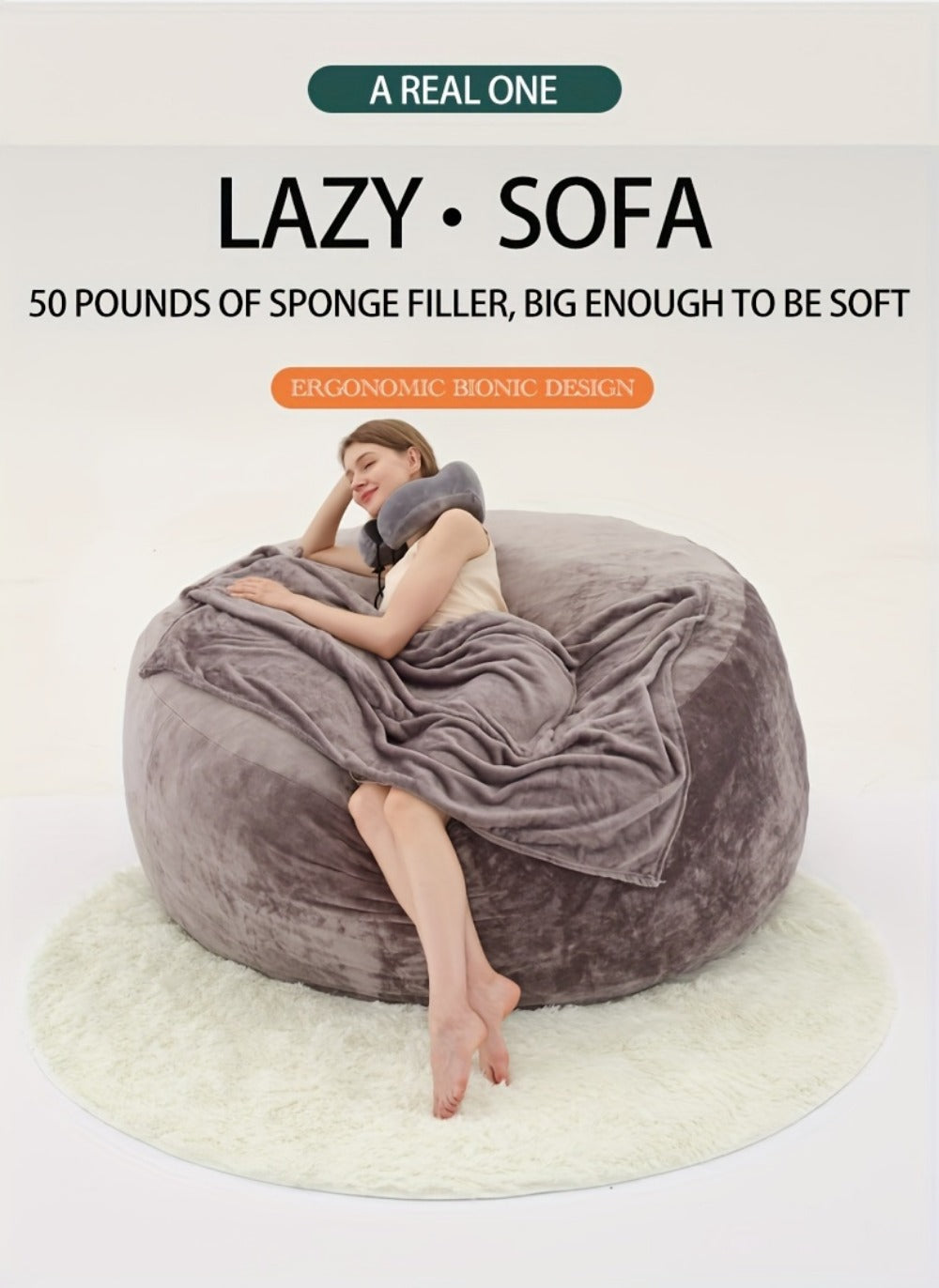 6-Foot Round Bean Bag Chair with Washable Cover, Floor Lounge Chair for Living Room detail image - detail view 11