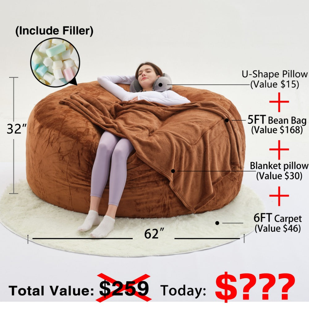 6-Foot Round Bean Bag Chair with Washable Cover, Floor Lounge Chair for Living Room detail image - detail view 4