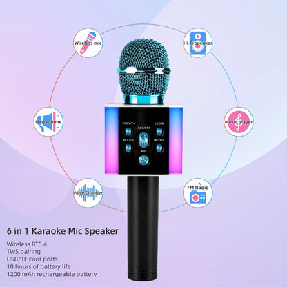6-in-1 Wireless Karaoke Microphone Speaker with LED Lights and TWS shown in the Blue option