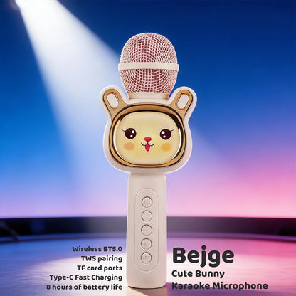 6-in-1 Wireless Karaoke Microphone Speaker with LED Lights and TWS shown in the Cute Bunny - Beige option