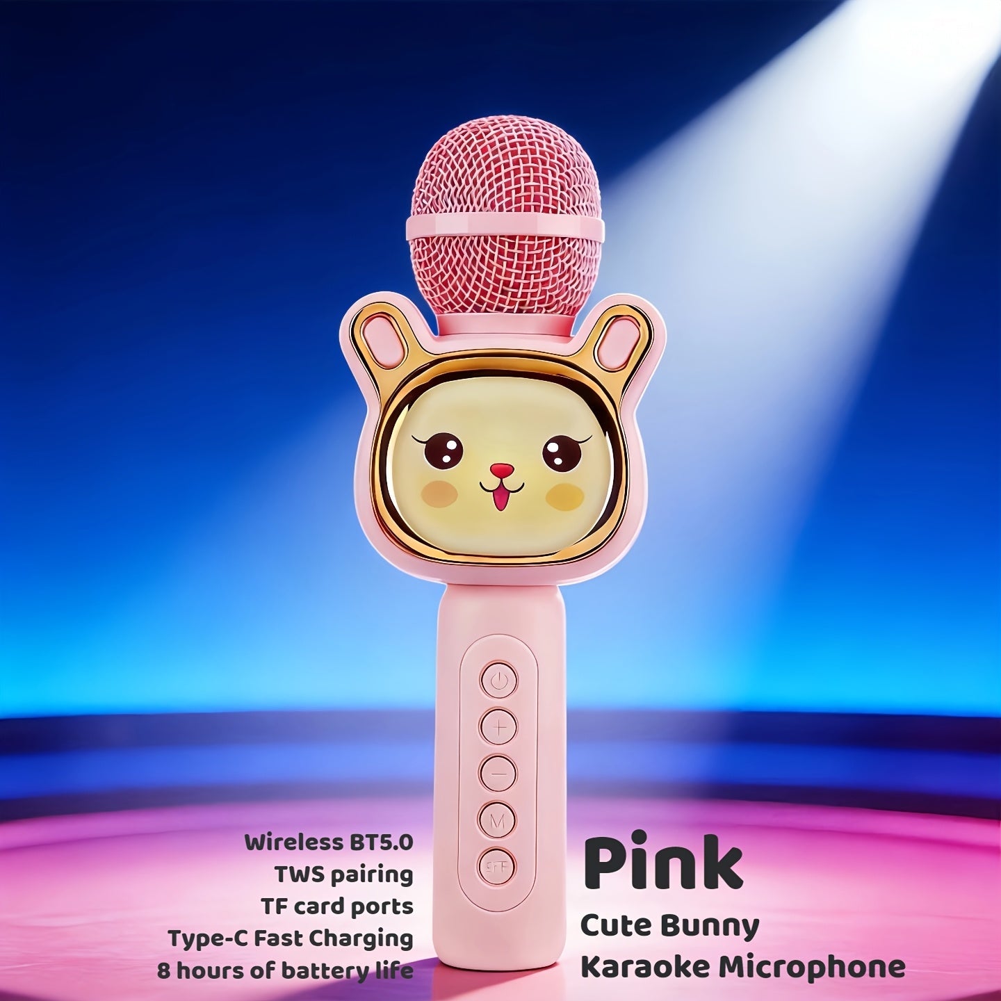 6-in-1 Wireless Karaoke Microphone Speaker with LED Lights and TWS shown in the Cute Bunny - Pink option
