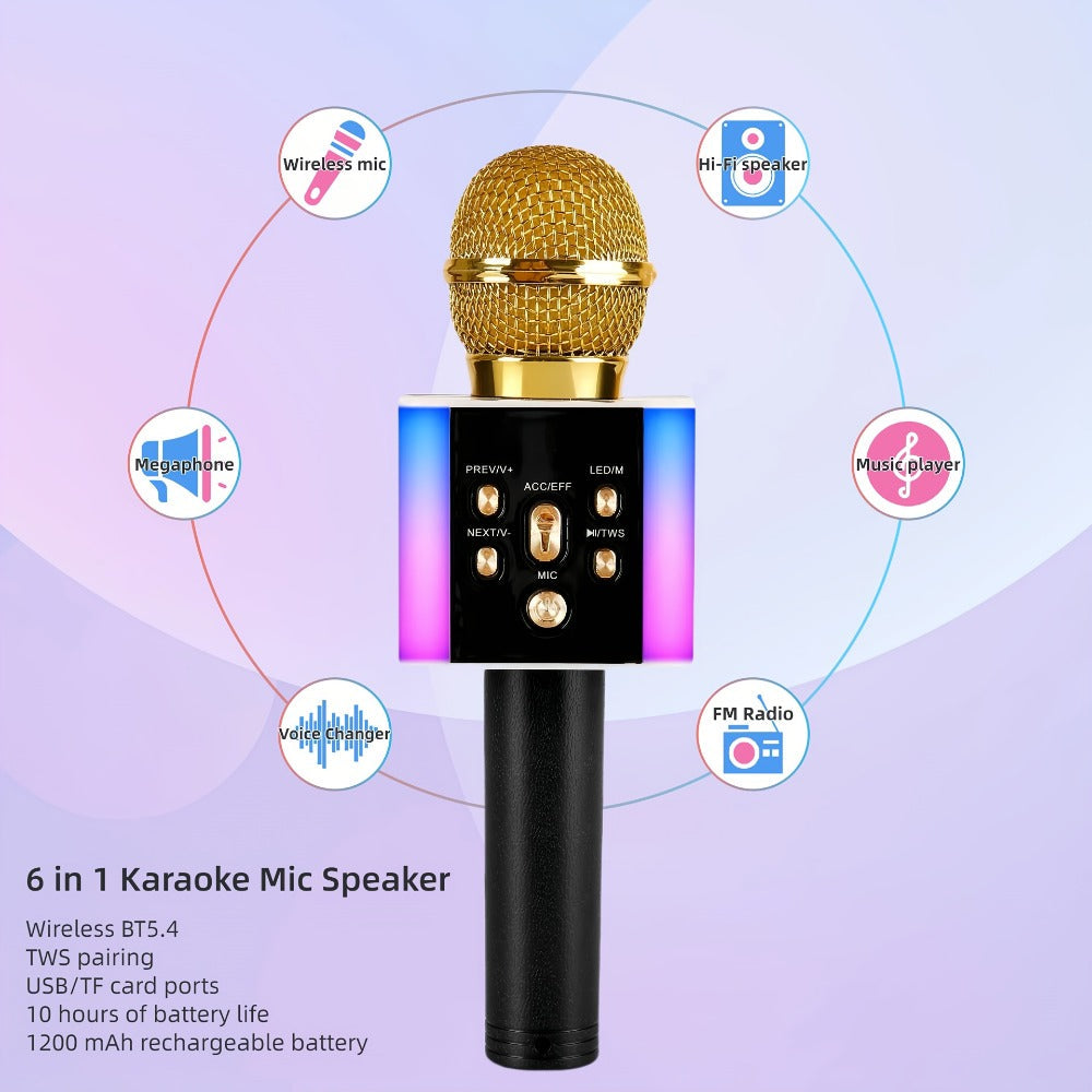 6-in-1 Wireless Karaoke Microphone Speaker with LED Lights and TWS detail image - detail view 3