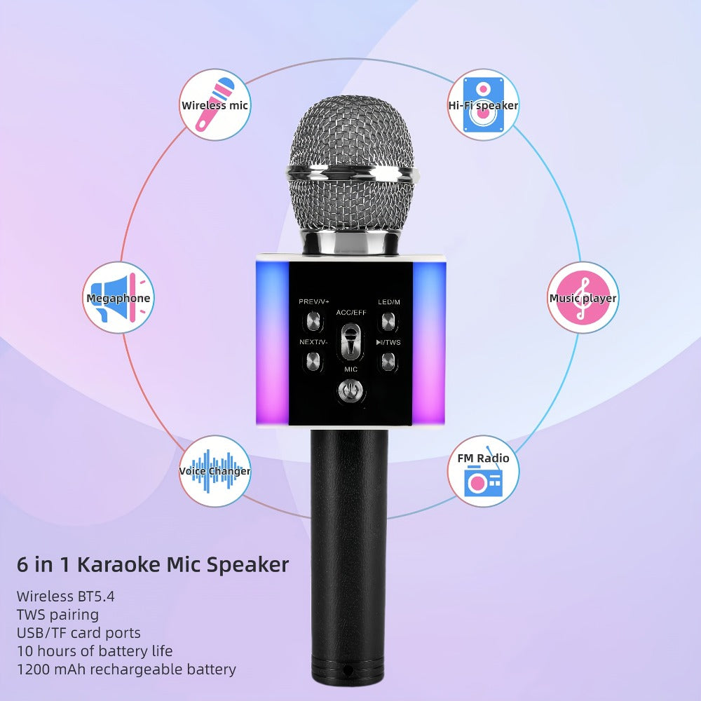 6-in-1 Wireless Karaoke Microphone Speaker with LED Lights and TWS detail image - detail view 5