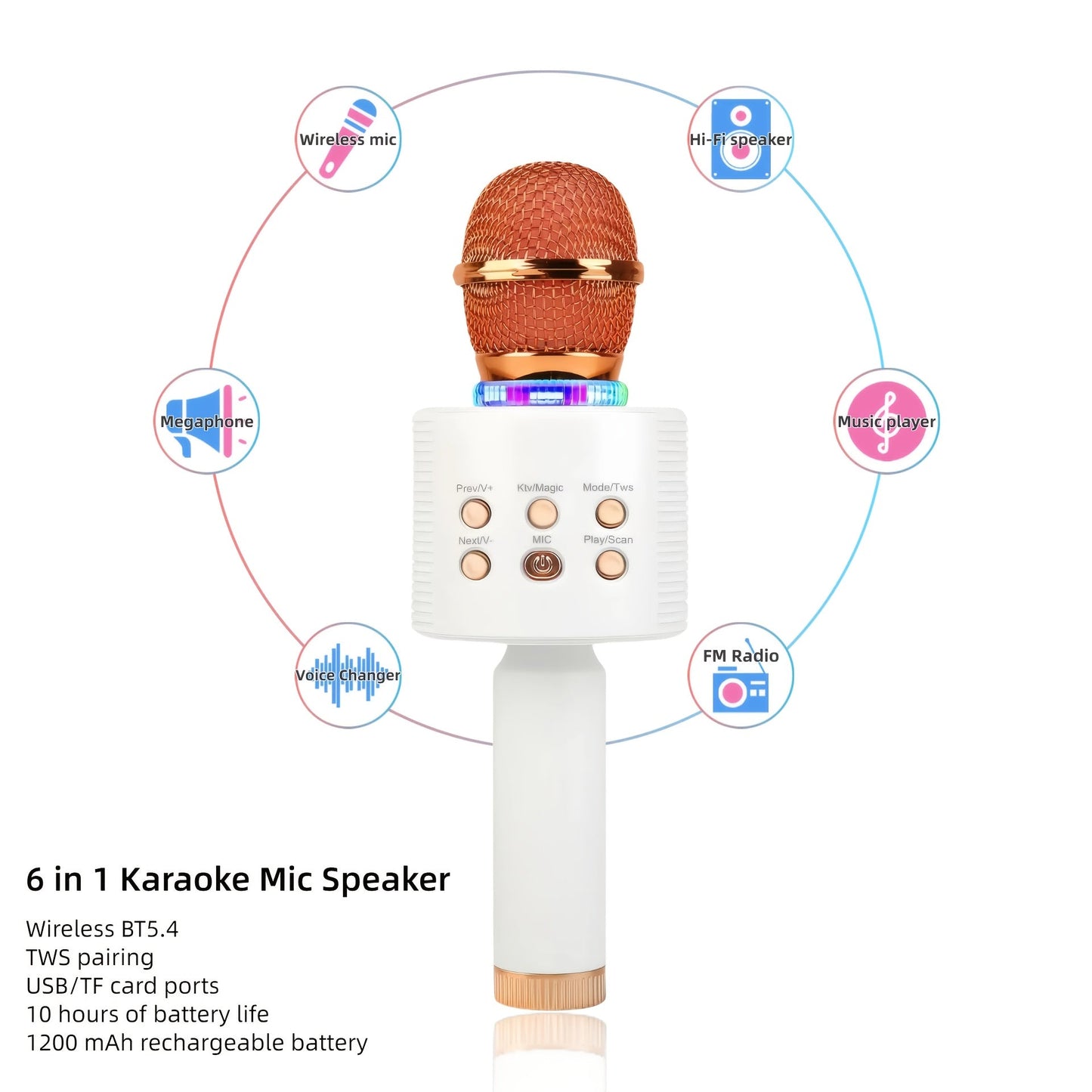 6-in-1 Wireless Karaoke Microphone Speaker with LED Lights and TWS shown in the upgrade-golden option
