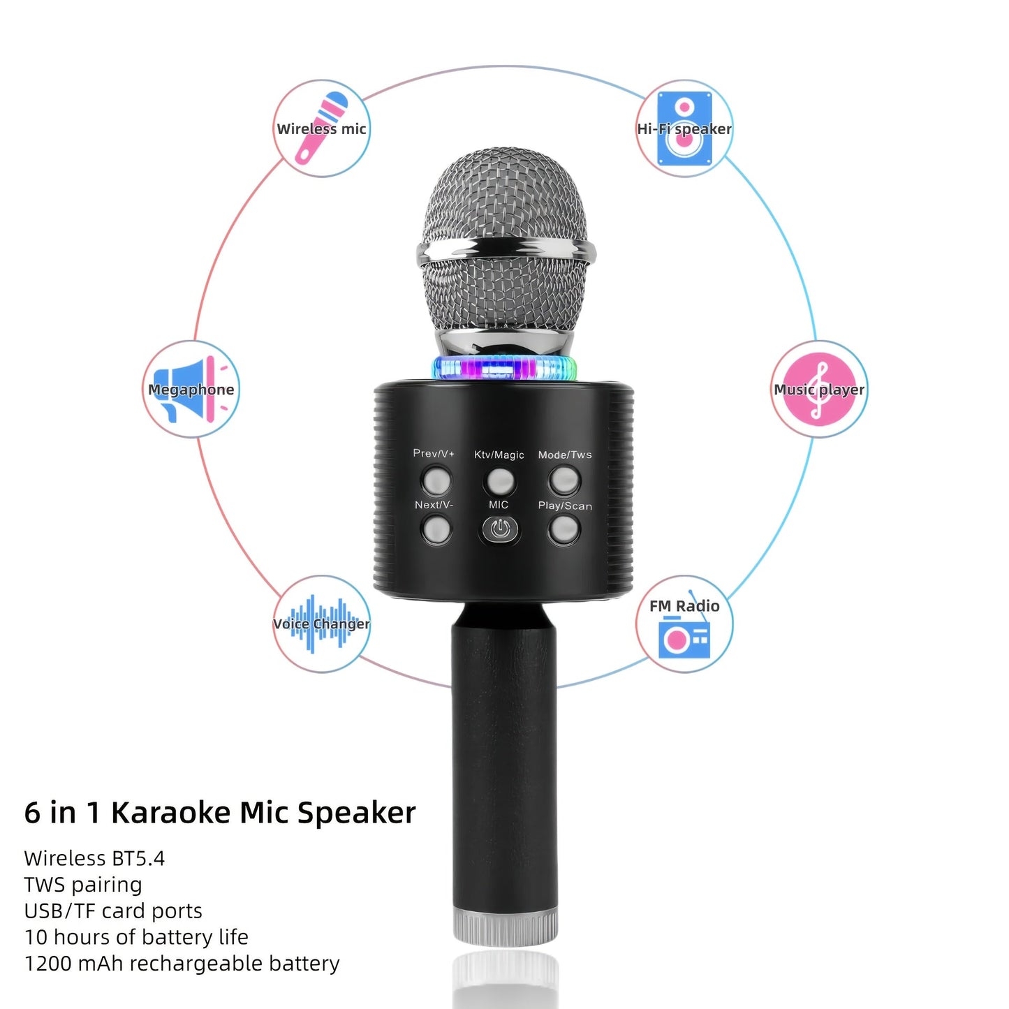 6-in-1 Wireless Karaoke Microphone Speaker with LED Lights and TWS shown in the Upgrade-Silvery option