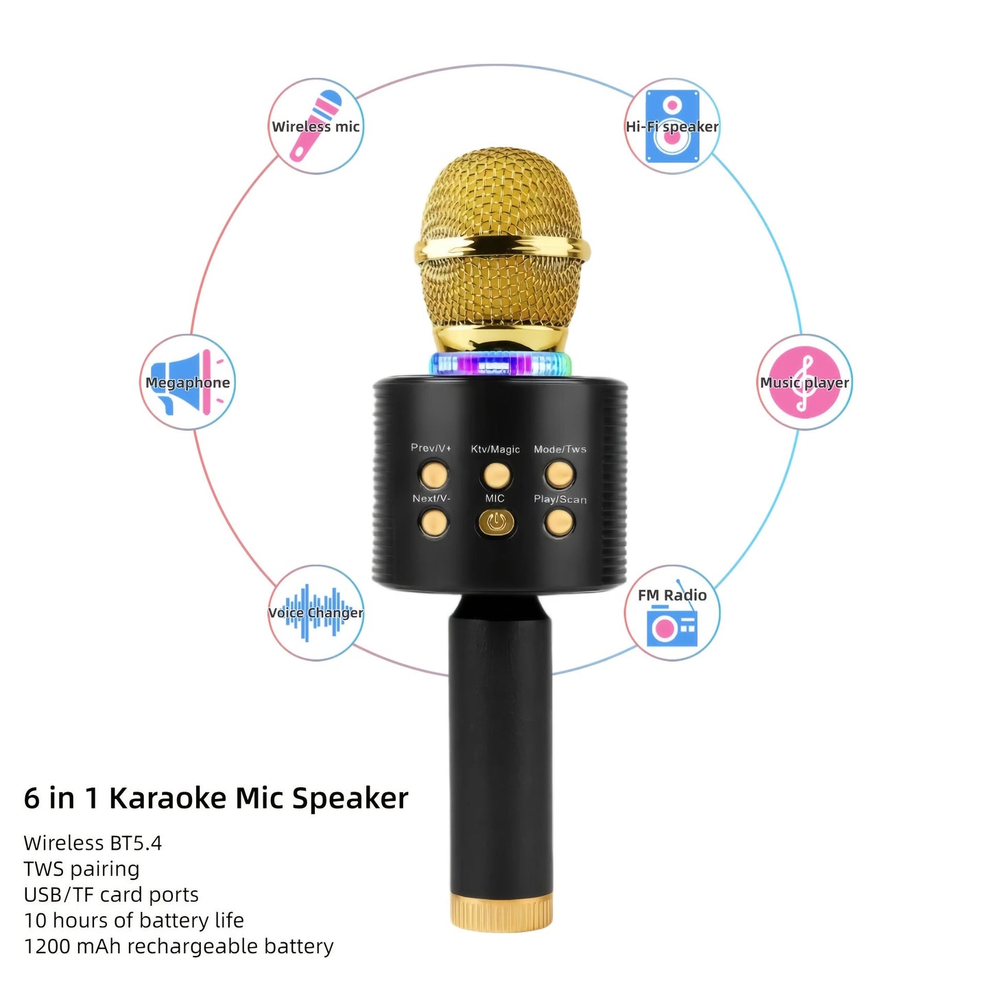 6-in-1 Wireless Karaoke Microphone Speaker with LED Lights and TWS shown in the Upgrade-Yellow option