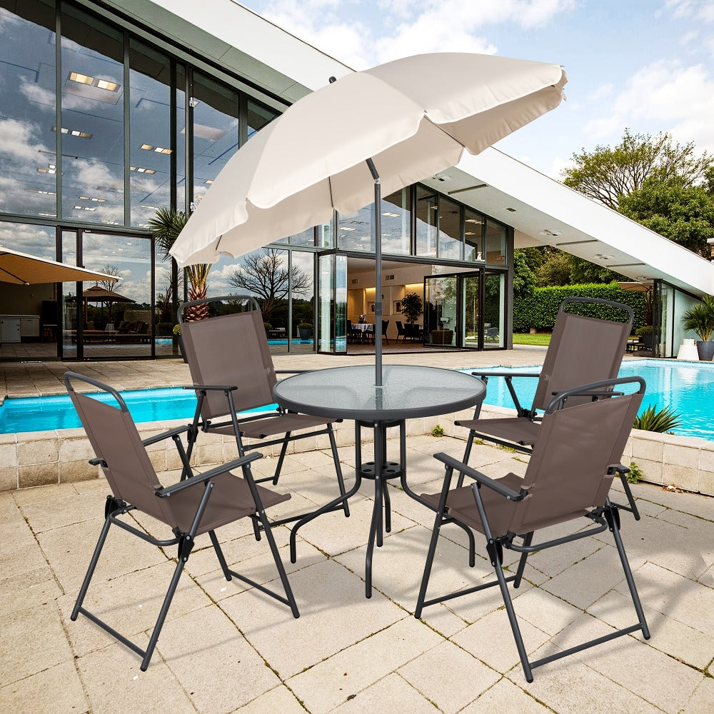 Patio Dining Set, 6-Piece Folding with Umbrella Glass Table 4 Folding Chairs All-Weather shown in the main product view