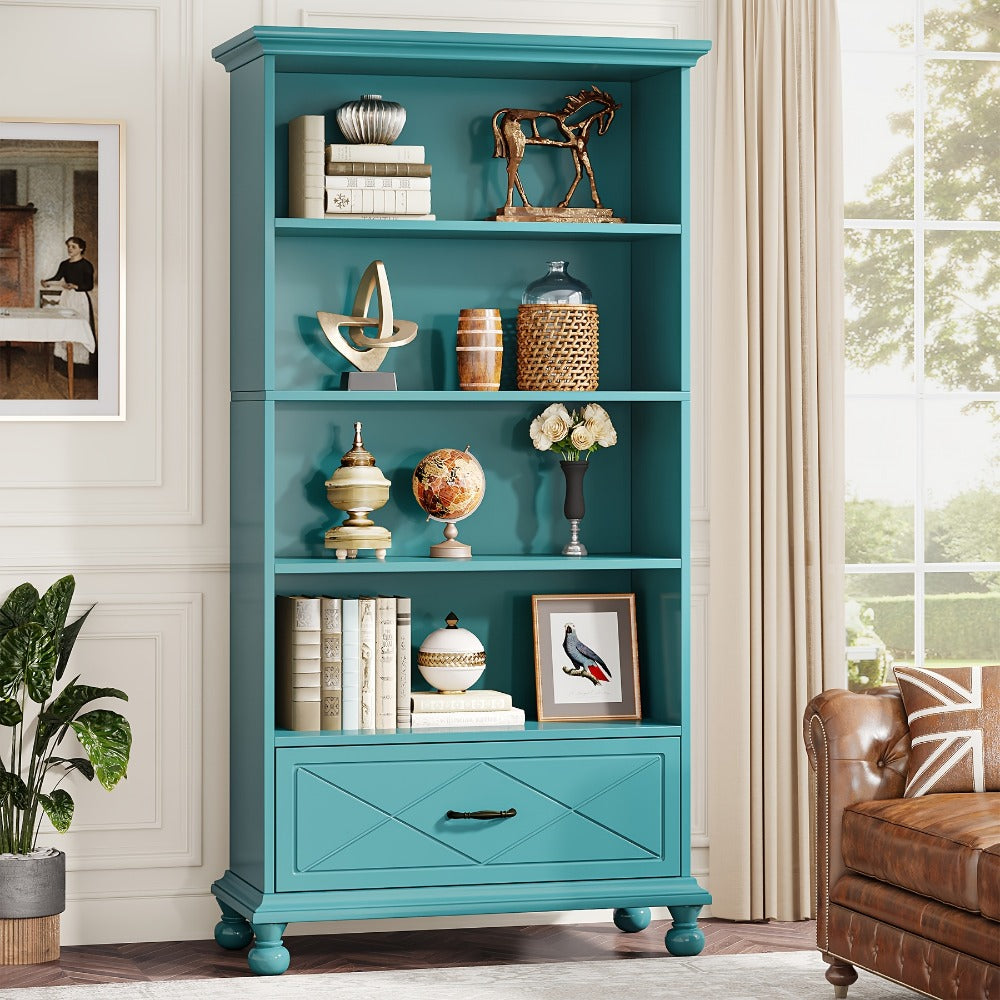 Bookcase, 71" Tall 6-Shelf with Drawer & Solid Wood Legs - Large Open Display Bookshelf shown in the main product view