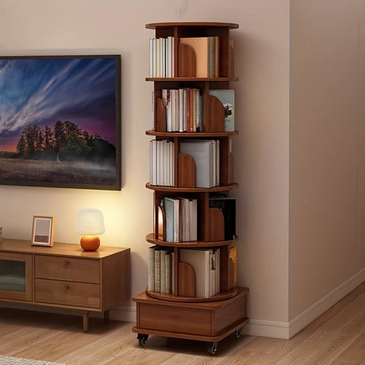 Bookshelf, 360 Rotating 6 Tier Corner Bookcase with Wheels Narrow Wood Storage Rack shown in the main product view