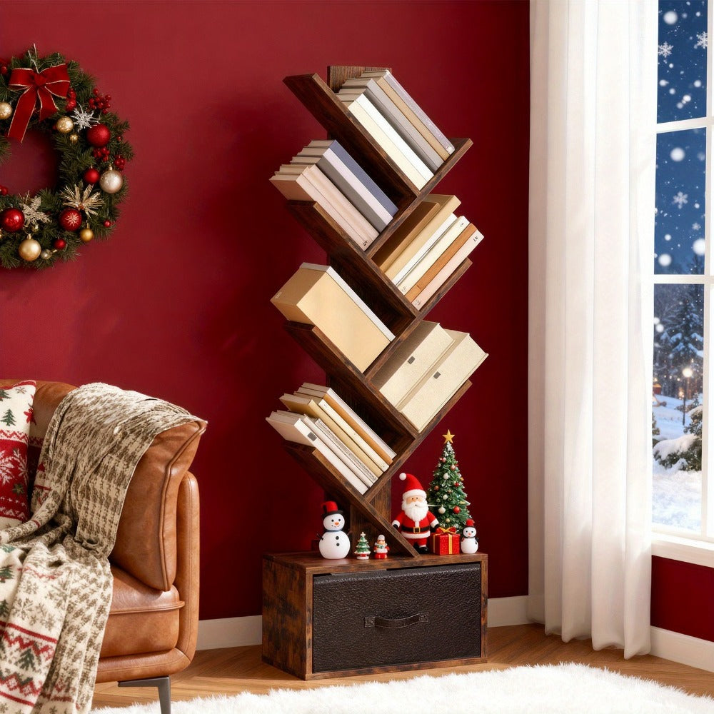 Bookshelf, 6-Tier Tree Shaped with Drawer - Rustic Brown Wood Book Storage Shelf shown in the main product view
